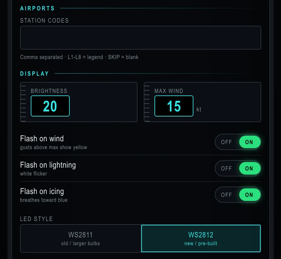 The airports and display settings on the setup page