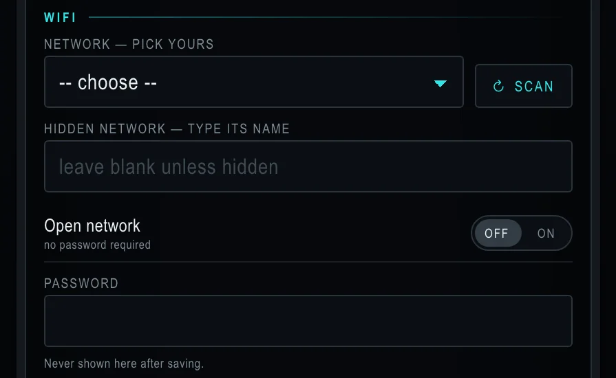 The WiFi section of the setup page with a list of networks and a password box
